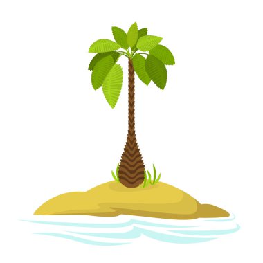 Bir adada bir palmiye ağacının gösterimi. Beyaz arka plan üzerinde izole dekoratif palmiye ağacı. Vektör. Simge.