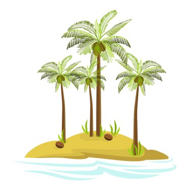 Bir adada bir palmiye ağacının gösterimi. Beyaz arka plan üzerinde izole dekoratif palmiye ağacı. Vektör. Simge.