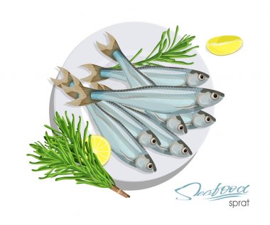 Çaça sketch vektör balık simgesi. Deniz Atlantik Okyanusu hamsi biberiye ve limon bir plaka ile izole. Deniz ürünleri Restoran işareti veya amblem, kulüp veya balıkçılık Pazar Balık tutma izole simgesi