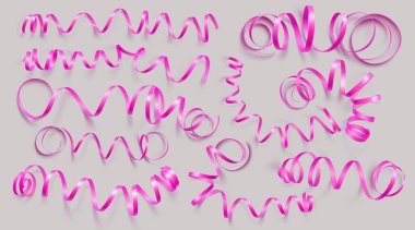 Gri arka planda gerçekçi pembe kurdeleler ayarlayın. Vektör illüstrasyon. Tebrik kartı, tatil, afiş, hediye ve vb için kullanılabilir.