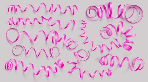 Gri arka planda gerçekçi pembe kurdeleler ayarlayın. Vektör illüstrasyon. Tebrik kartı, tatil, afiş, hediye ve vb için kullanılabilir.