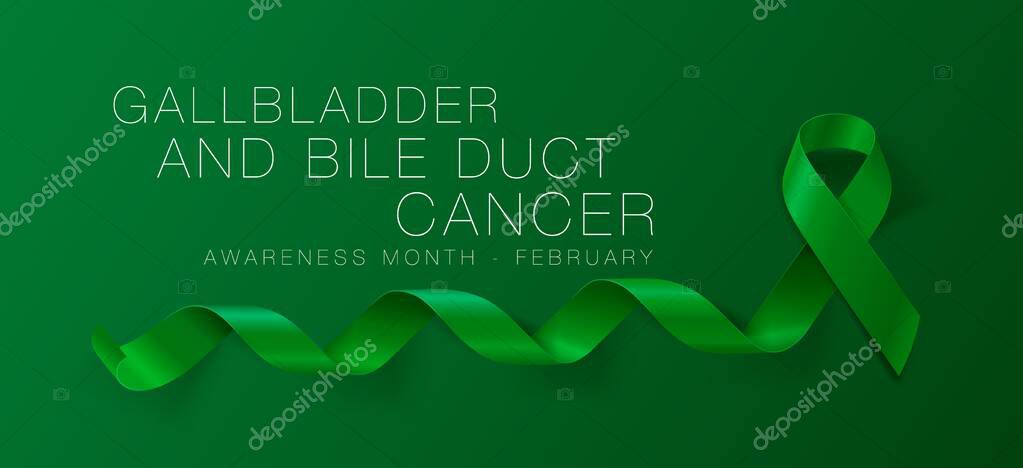 Gallbladder and Bile Duct Cancer Awareness Month. Realistic Kelly Green ribbon symbol. Vector Illustration. Medical Design.