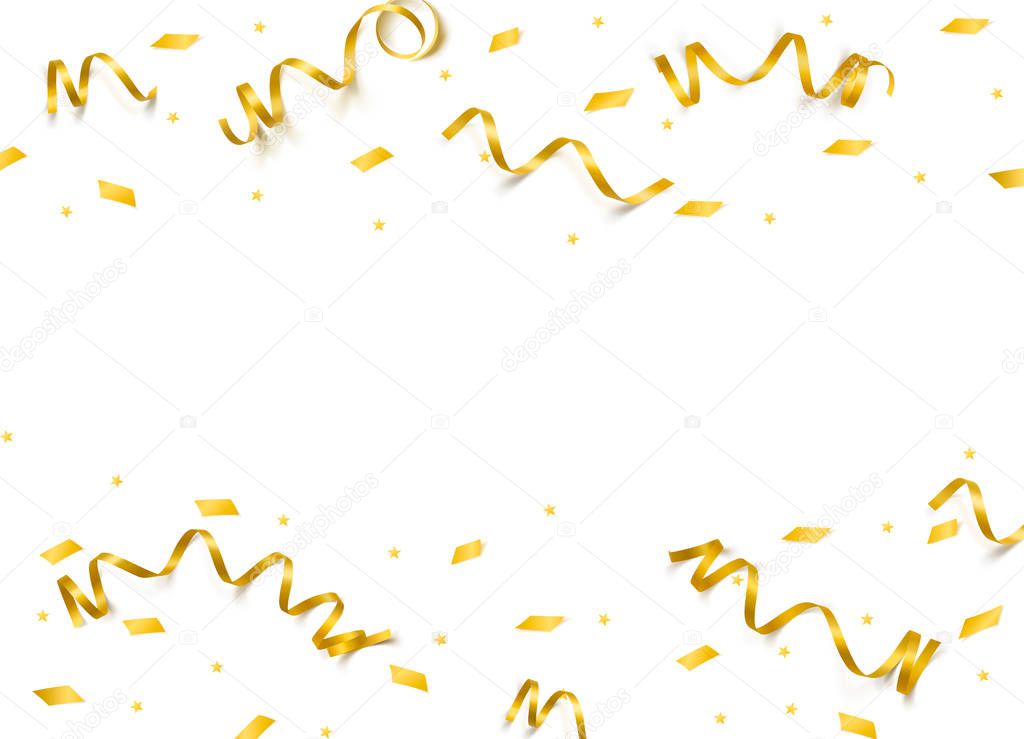 Vector celebration template with serpentine and confetti and carnival ribbon on white background. Holiday backgrop.
