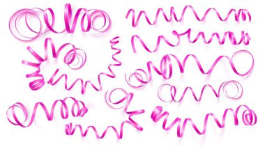 Beyaz arka plan üzerinde gerçekçi pembe kurdeleler ayarlayın. Vektör illüstrasyon. Tebrik kartı, tatil, afiş, hediye ve vb için kullanılabilir.