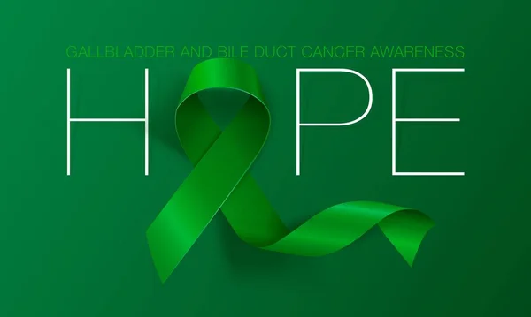 Pęcherz żółciowy i Świadomość Raka Kanału żółciowego Kaligrafia Projekt plakatu. Nadzieję. Realistyczna Kelly Green Ribbon. Luty jest miesiącem świadomości raka pęcherzyka żółciowego i dróg żółciowych. Wektor. Ilustracja — Wektor stockowy