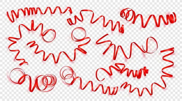 Набор реалистичных красных лент на прозрачном фоне. Векторная иллюстрация. Может использоваться для поздравительных открыток, праздников, баннеров, подарков и т.д. . — стоковый вектор