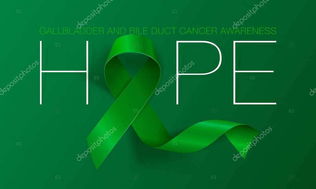 Gallbladder and Bile Duct Cancer Awareness Month. Hope. Realistic Kelly Green ribbon symbol. Vector Illustration. Medical Design.