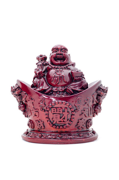 Statue laughing Buddha. Cheerful monk isolated on white.