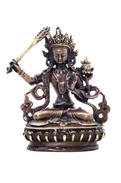 Statuetta di Manjushri brandendo spada di saggezza su una ba bianca — Foto Stock