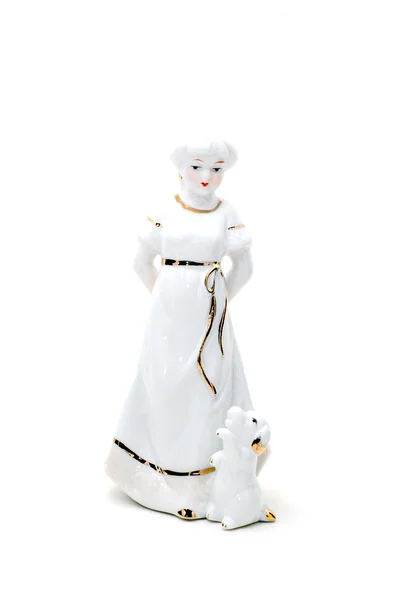 Ceramic figurine of girl with dog isolated on white. — Stock Photo, Image