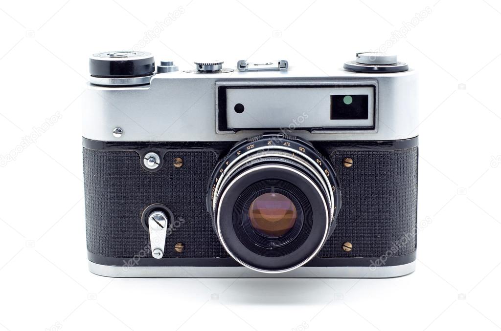 Old vintage film photographic camera isolated on white backgroun