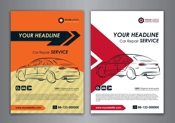A5, A4 araba tamir servis kartvizit şablonları ayarlayın. Otomatik tamir dükkanı iş katalog kapak düzeni tasarımı. Vektör çizim.