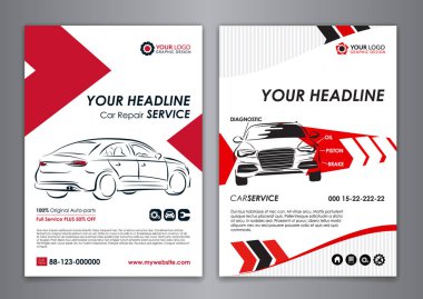 A5, A4 servis araba iş düzeni şablonları. Otomatik onarma broşür şablonları, otomobil dergisi kapağı, ok Modern arka planlar. Vektör çizim.
