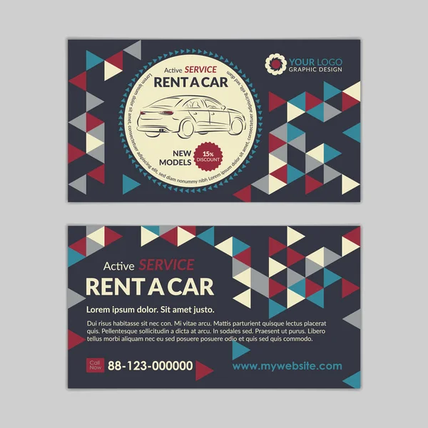 Rent a car business card template with abstract geometry pattern triangle backgrounds. Auto service mockup. Create your own business cards. Vector illustration. — Stock Vector