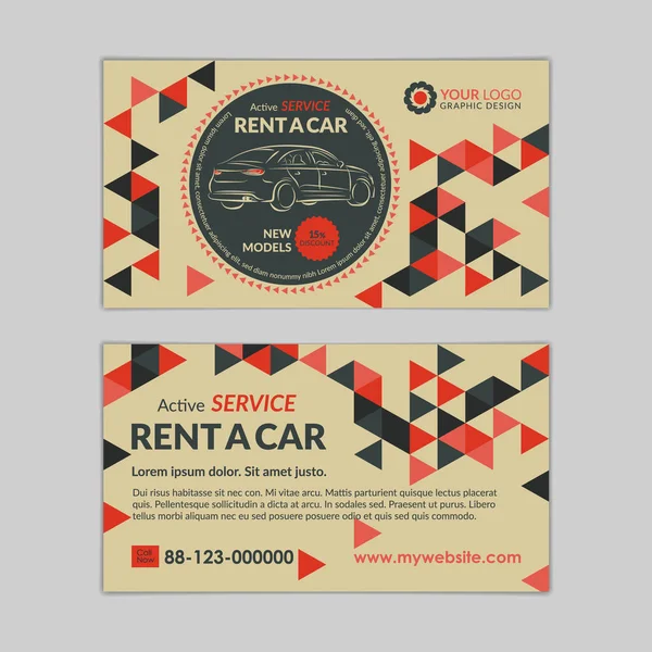 Rent a car business card template with abstract geometry pattern triangle backgrounds. Auto service mockup. Create your own business cards. Vector illustration. — Stock Vector