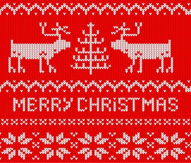 Kırmızı Noel Jumper Dikişsiz desen geyikler ile ördü. Vektör çizim.