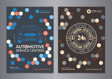 Set otomotiv servis merkezleri iş düzeni şablonları. A5, A4 otomatik tamir dükkanı broşür şablonları, otomobil dergisi kapağı, Modern arka plan altıgen geometrik desen. 