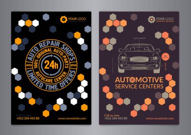 Set otomotiv servis merkezleri iş düzeni şablonları. A5, A4 otomatik tamir dükkanı broşür şablonları, otomobil dergisi kapağı, Modern arka plan altıgen geometrik desen. 