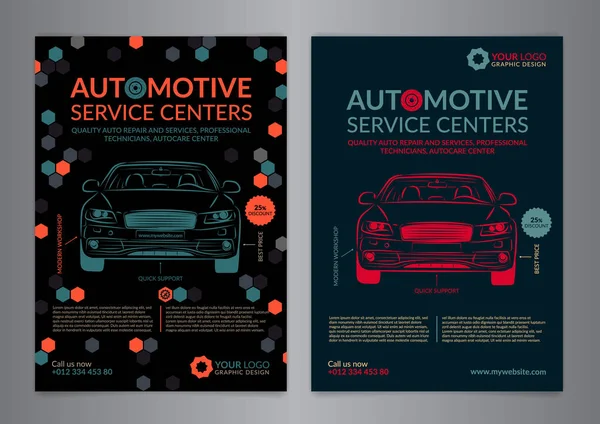 Automotive Service Centers business layout templates. A5, A4 auto repair shop Brochure templates, automobile magazine cover. Vector illustration. — Stock Vector
