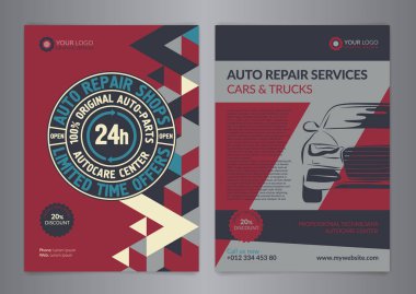 Set otomotiv servis merkezleri iş düzeni şablonları. A4 otomatik tamir dükkanı broşür şablonları, otomobil dergisi kapağı, geometri üçgen Modern arka plan desen. Vektör çizim.