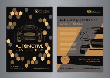 Set otomotiv servis merkezleri iş düzeni şablonları. A4 otomatik tamir dükkanı broşür şablonları, otomobil dergisi kapağı, geometrik Model Modern arka plan. Vektör çizim.