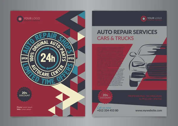 Set otomotiv servis merkezleri iş düzeni şablonları. A4 otomatik tamir dükkanı broşür şablonları, otomobil dergisi kapağı, geometri üçgen Modern arka plan desen. Vektör çizim.