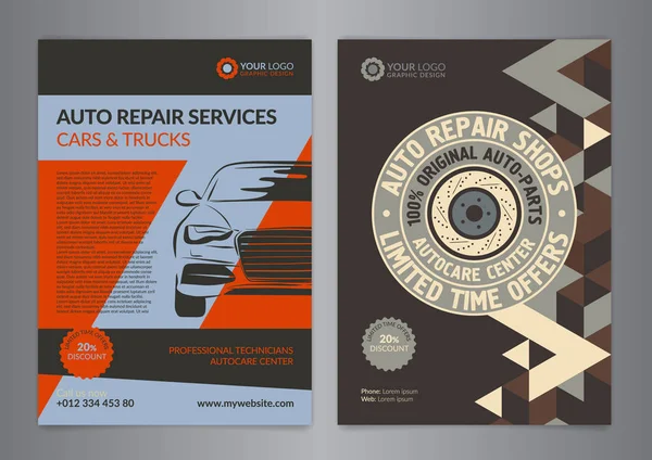 Set otomotiv servis merkezleri iş düzeni şablonları. A4 otomatik tamir dükkanı broşür şablonları, otomobil dergisi kapağı, geometri üçgen Modern arka plan desen. Vektör çizim.