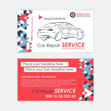 Otomotiv servis kartvizit şablonu. Onarım araba tanılama ve taşıma. Kendi kartvizitlerinizi oluşturun. Mockup vektör çizim.