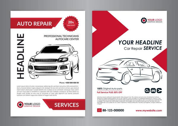 Stel auto reparatie bedrijf lay-out templates, auto tijdschriftdekking, auto reparatie winkel brochure, flyer mockup. Vectorillustratie. — Stockvector