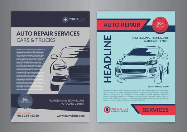 Nastavit šablony rozložení obchodních opravit auto, automobilový časopis kryt, auto repair shop brožura, maketa leták. Vektorové ilustrace. — Stockový vektor