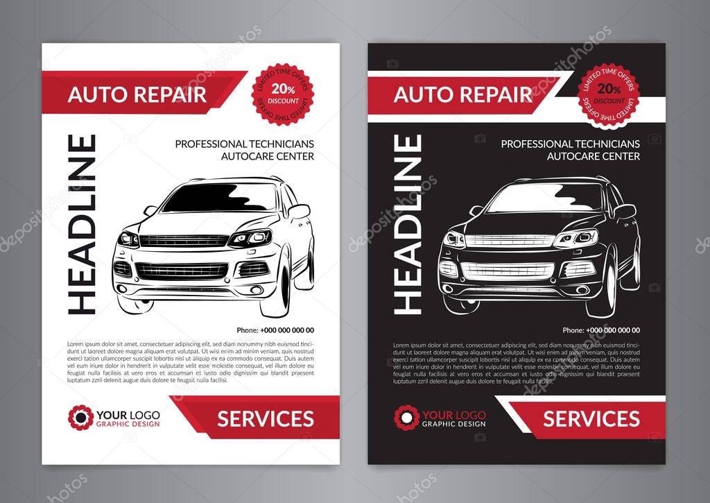 Set auto repair business layout templates, automobile magazine cover, auto repair shop brochure, mockup flyer. Vector illustration.