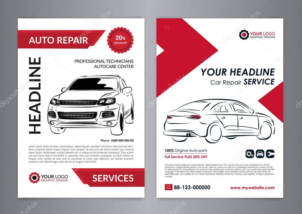 Set auto repair business layout templates, automobile magazine cover, auto repair shop brochure, mockup flyer. Vector illustration.