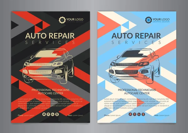 Stel auto reparatie bedrijf lay-out templates, auto tijdschriftdekking, auto reparatie winkel brochure, flyer mockup. Vectorillustratie. — Stockvector