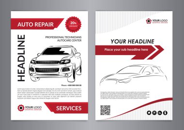 Ayarla A4 otomatik onarım iş düzeni şablonları, otomobil dergisi kapağı, otomatik tamir dükkanı broşür, mockup el ilanı. Vektör çizim.