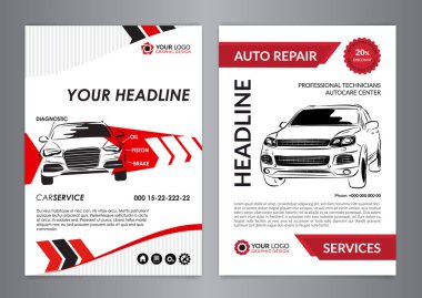 Ayarla A4 otomatik onarım iş düzeni şablonları, otomobil dergisi kapağı, otomatik tamir dükkanı broşür, mockup el ilanı. Vektör çizim.