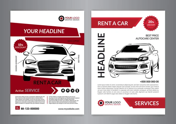 A4 Kiralık bir araba iş flyer şablonu ayarlayın. Otomatik servis broşür şablonları, otomobil dergisi kapak, mockup el ilanı. Vektör çizim.