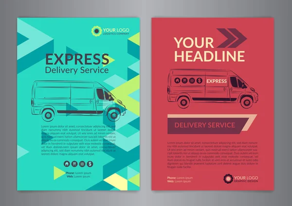 Set A4 Express delivery service brochure flyer design layout template. Delivery van magazine cover, mockup flyer. Vector illustration. — Stock Vector