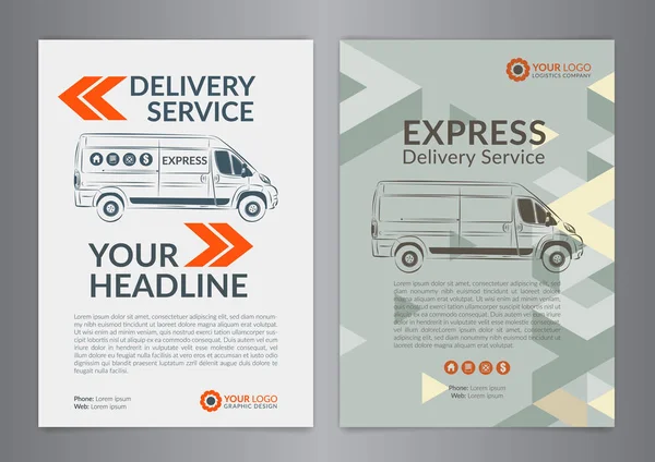 Set A4 Express delivery service brochure flyer design layout template. Delivery van magazine cover, mockup flyer. Vector illustration. — Stock Vector
