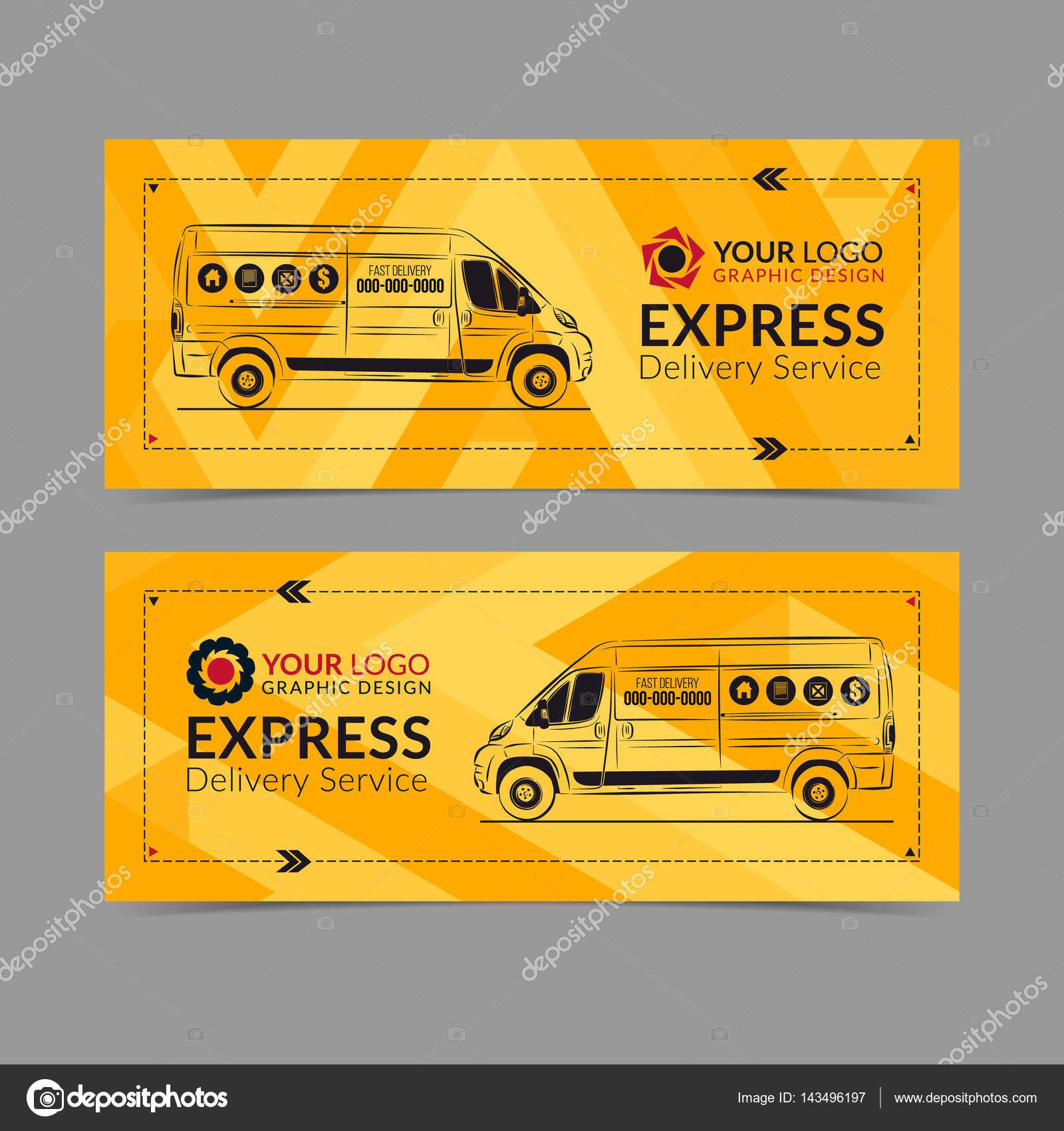 Set of Express delivery service banner, poster, flyer. Delivery van