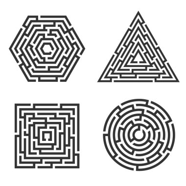 4 labirent - kare, daire, üçgen, altıgen simge kümesi. İş kavramı. Labirent vektör çizim.