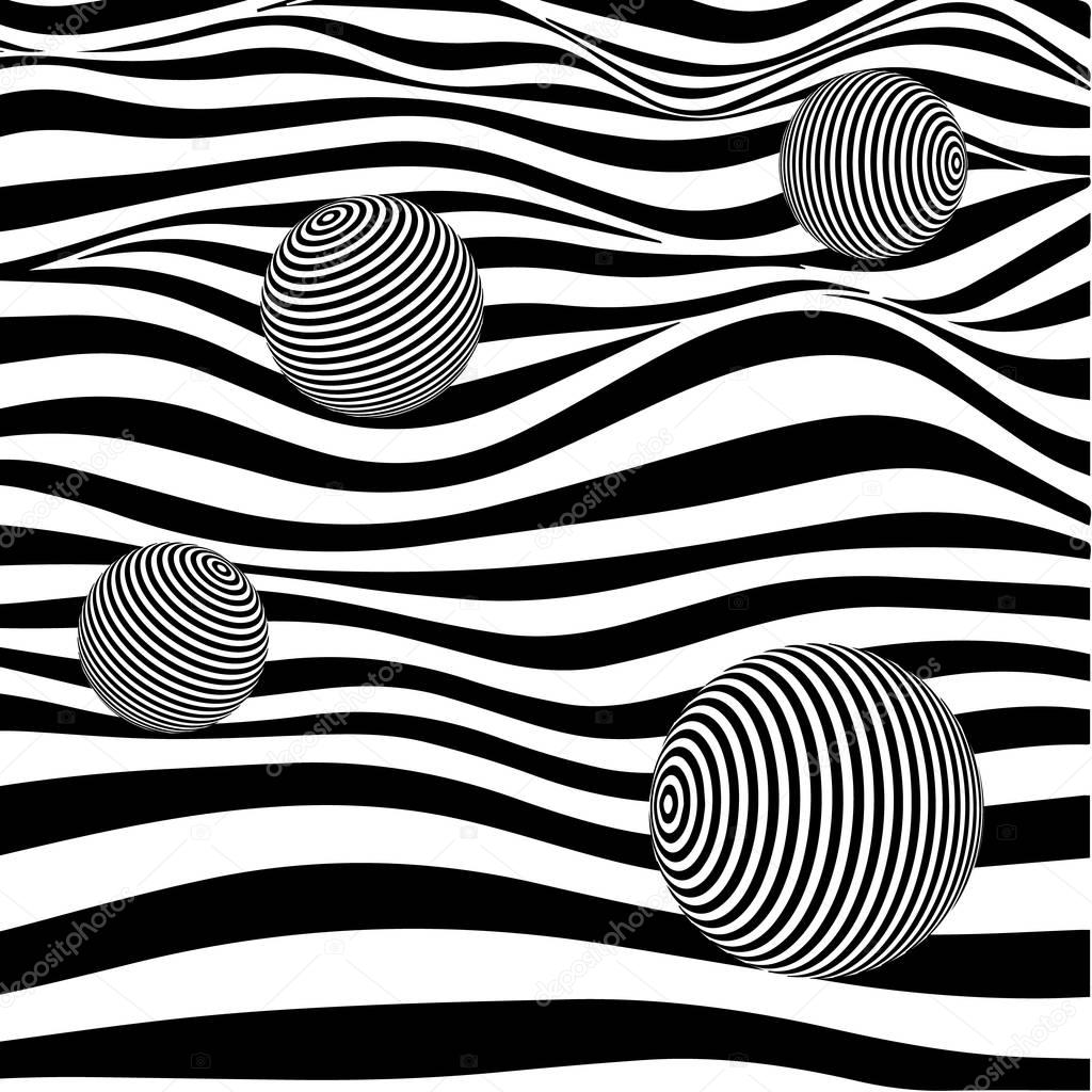 Abstract striped wavy background. Black and white curved lines with spheres. Vector illustration.