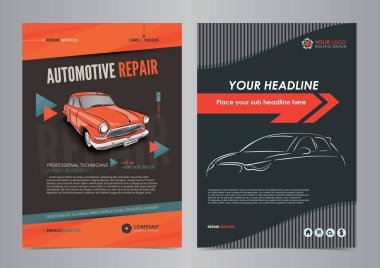 Auto Services Business Flyer layout templates, automotive repair magazine cover, car repair shop brochure, mockup flyer. Vector illustration. clipart