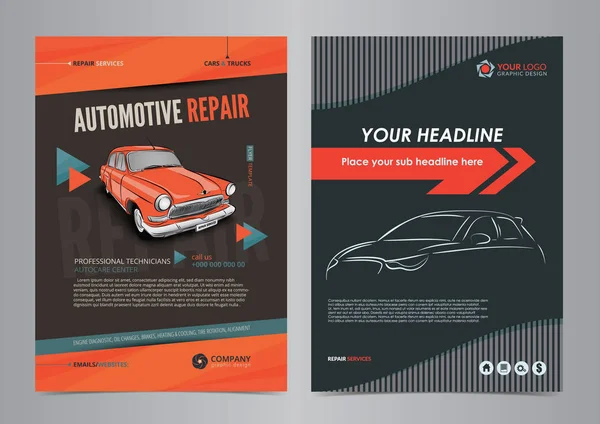 Auto services business flyer layout templates, automotive repair magazine cover, car repair shop broschüre, attrappe flyer. Vektorillustration. — Stockvektor