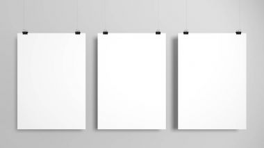 Üç poster mockup seti. 3D çizim.