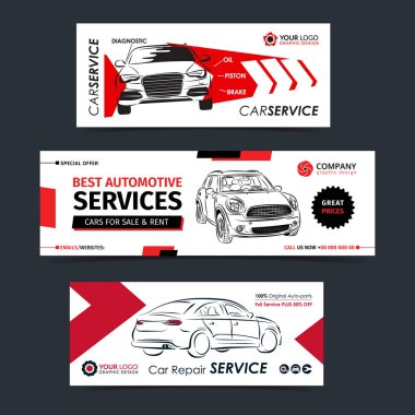 Oto tamir servisi afiş, poster, afiş kümesi. Araba Servis iş düzeni şablonları. Vektör çizim.