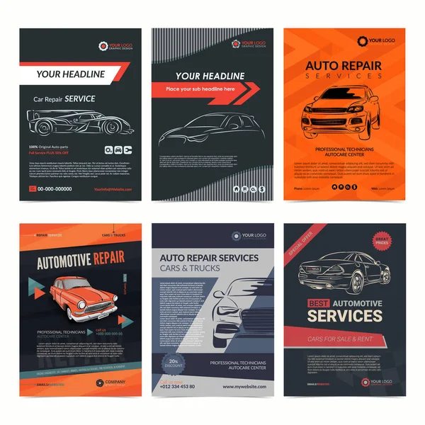 Auto repair Services business layout templates set, automobile magazine cover, auto repair shop brochure, mockup flyer. Vector illustration. — Stock Vector