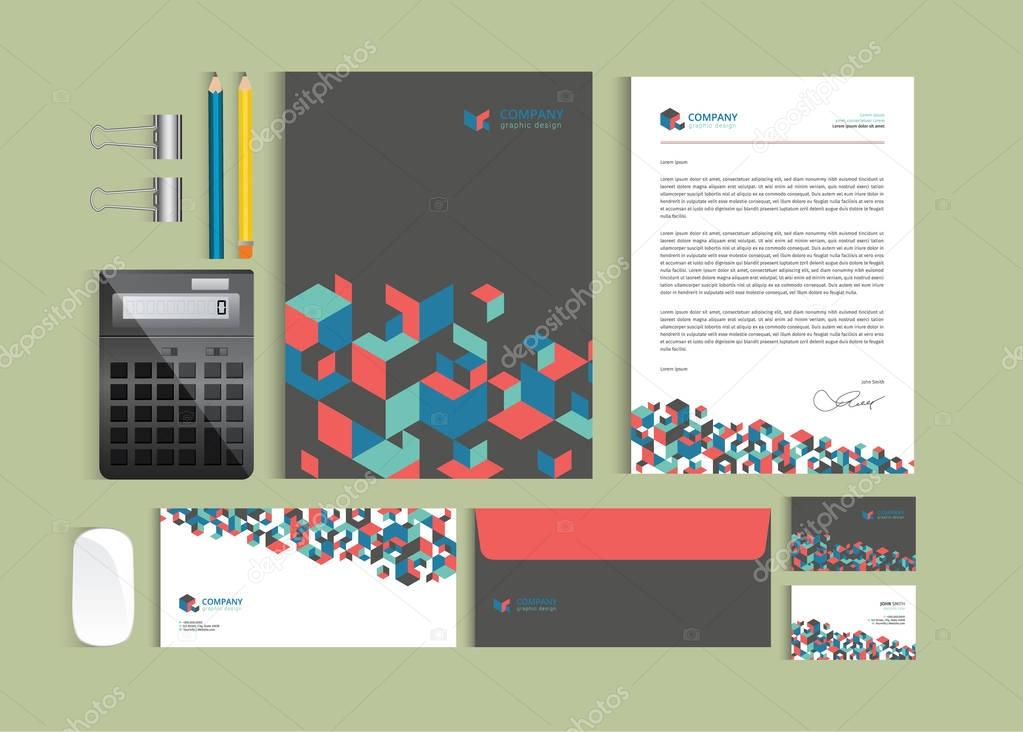 Business identity design templates. Stationery set -  Letterhead A4 template, name card (3,5 x 2), envelope (8.66 x 4.33), presentation folder(9 x 12) with geometric pattern. Vector illustration.