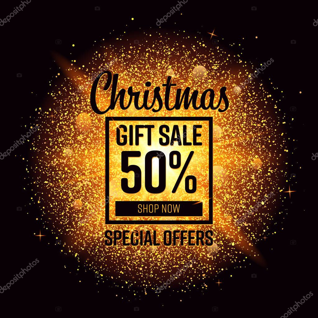Christmas Sale Banners with golden sparks explosion. For use - Sale sign, flyer, poster, shopping, discount and web. Vector illustration.