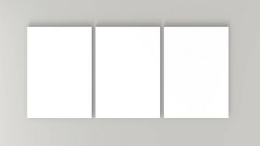 Gri arka plan üzerinde üç beyaz A4 kağıt yaprak. Yüksek çözünürlükte 3d render. Kişisel Marka mockup şablonu. Yumuşak gölge. Üstten Görünüm. 