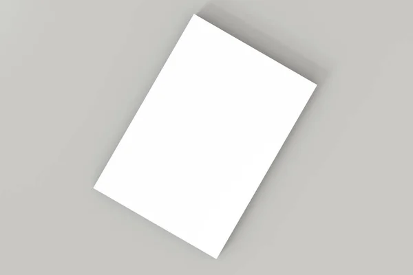 Stapel witte blanco A4 papier op een grijze achtergrond. Hoge resolutie 3d render. Persoonlijke brandmerken mockup sjabloon. Zachte schaduw. Bovenaanzicht. — Stockfoto